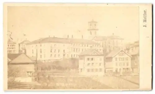 Fotografie J. Mettler, St. Gallen, Ansicht Heiden, Partie im Ort mit Wohnhäusern und Blick zur Kirche