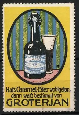 Reklamemarke Hal`s Caramel-Bier, Groterjan, Bierflasche mit Glas