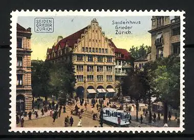 Reklamemarke Zürich, Seidenhaus Grieder, historische Stadtansicht mit Strassenbahn