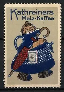 Reklamemarke Kathreiners Malz-Kaffee, vermenschlichte blaue Teekanne