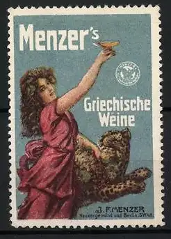 Reklamemarke Berlin, Menzer`s Griechische Weine, Frau mit Kelch & Leopard