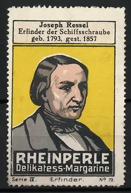 Reklamemarke Rheinperle, Delikatess-Margarine, Joseph Ressel Erfinder der Schiffsschraube