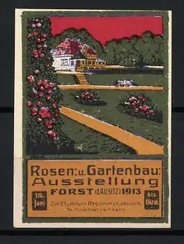 Reklamemarke Forst, Rosen- u. Gartenbau-Ausstellung 1913, Gartenlandschaft mit Haus