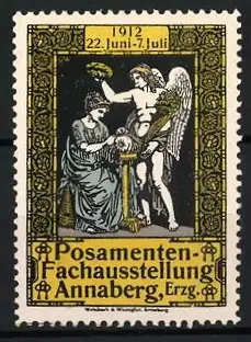 Reklamemarke Annaberg, Posamenten-Fachausstellung 1912, Engel und Frau