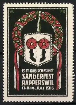 Reklamemarke Rapperswil, 13. St. Gallisches Kant. Sängerfest 1913, Kranz mit Wappen