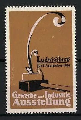 Reklamemarke Ludwigsburg, Gewerbe und Industrie Ausstellung Juni /September 1914, Hobel mit Spahn auf Hammer liegend