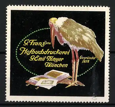 Reklamemarke München, Hofbuchdruckerei G. Emil Mayer, Marabu mit Büchern, Gegründet 1828