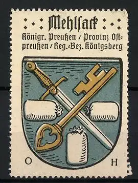 Reklamemarke Mehlsack, Königreich Preussen Provinz Ostpreussen, Schwerter und Säcke