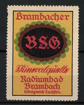 Reklamemarke Brambach, B.S.G. Mineralquelle, Radiumbad Brambach Königreich Sachsen