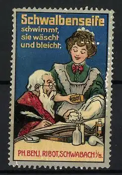 Reklamemarke Schwabach, Schwalbenseife, Frau wäscht Kleidung