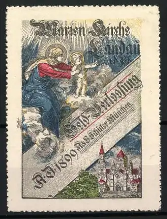 Reklamemarke London, Marien-Kirche, Geld-Verlohsung, Maria mit Kind und Kirche, 1899