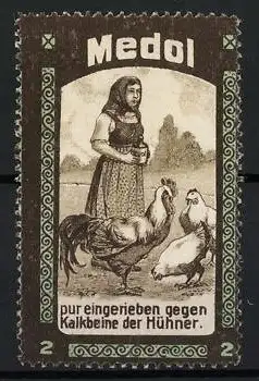 Reklamemarke Medol, Bäuerin füttert Hühner