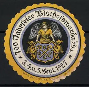 Reklamemarke Bischofswerda, 700 Jahrfeier 1927, Engel mit Wappen