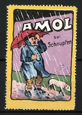 Reklamemarke Amol bei Schnupfen, Mann mit Regenschirm und Hund