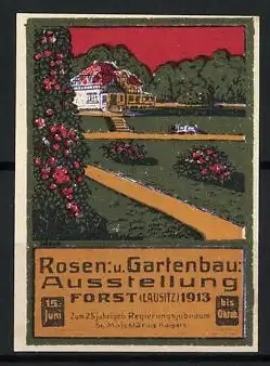 Reklamemarke Forst, Rosen- u. Gartenbau-Ausstellung 1913, Gartenansicht mit Villa