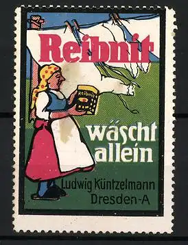 Reklamemarke Dresden, Reibnit wäscht allein, Frau mit Waschmittel und Wäscheleine