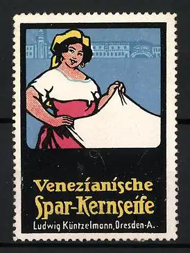 Reklamemarke Dresden, Venezianische Spar-Kernseife, Frau mit Tuch