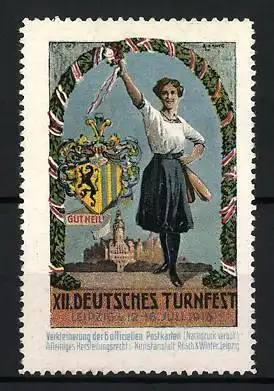 Reklamemarke Leipzig, XII. Deutsches Turnfest 1913, Frau mit Wappen und Schloss