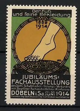 Reklamemarke Döbeln, Jubiläums-Fachausstellung 1914, Fuss und feine Bekleidung