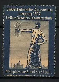 Reklamemarke Leipzig, Elektrotechnische Ausstellung 1912, Mann mit Blitz in der Hand