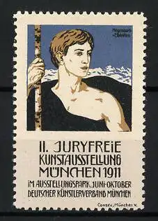 Reklamemarke München, II. Juryfreie Kunstausstellung 1911, Mann mit Stock