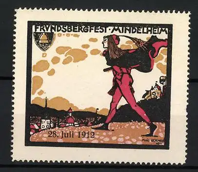 Künstler-Reklamemarke Max Beringer, Mindelheim, Frundsbergfest 28. Juli 1912, marschierende Figur von Max Beringer