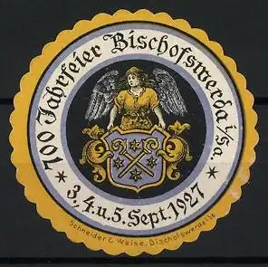 Reklamemarke Bischofswerda, 700 Jahrfeier, Engel mit Wappen, 1927