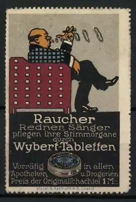 Reklamemarke Wybert-Tabletten, rauchender Mann im Sessel