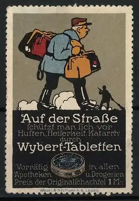 Reklamemarke Wybert-Tabletten, Wanderer mit Koffer