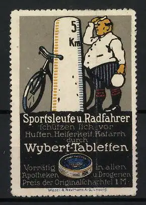 Reklamemarke Wybert-Tabletten, Radfahrer am Kilometerstein