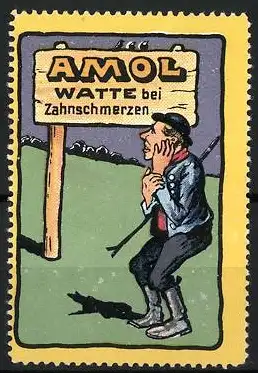 Reklamemarke AMOL Watte bei Zahnschmerzen, Mann mit Zahnschmerzen