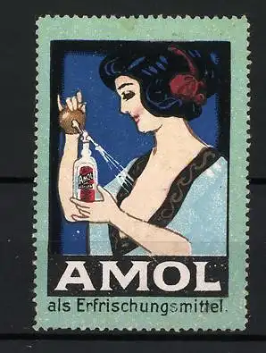 Reklamemarke Amol als Erfrischungsmittel, Frau mit Flakon