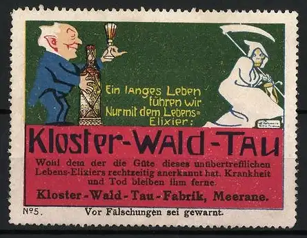 Reklamemarke Meerane, Kloster-Wald-Tau Lebens-Elixier, Mann mit Elixierflasche, Tod mit Sense