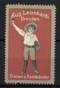 Reklamemarke Dresden, Aug. Leonhardi, Junge mit Flasche Tinte