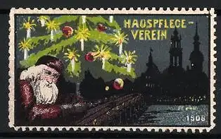 Reklamemarke Dresden, Hauspflege-Verein 1908, Weihnachtsmann und Tannenbaum