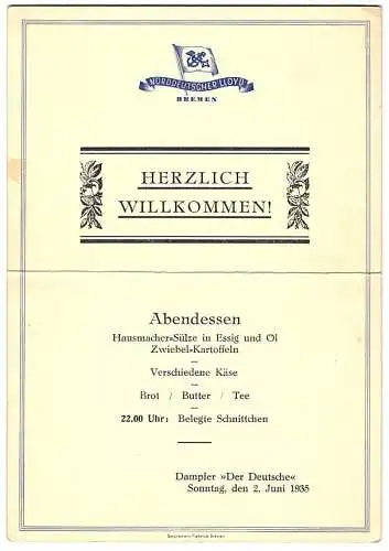 Menükarte Dampfer Der Deutsche 1935, Norddeutscher Lloyd Bremen, Abendessen Menü