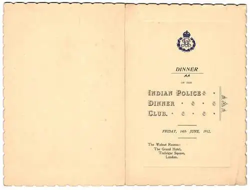 Menükarte 1912, Indian Police Dinner Club, Walnut Room Grand Hotel London, Innenseite mit Menüfolge, Wappen geprägt