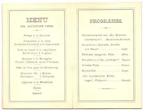 Menükarte 1882, Frl. von Harmann, Monogramm, Innenseite mit Speisefolge und Programm