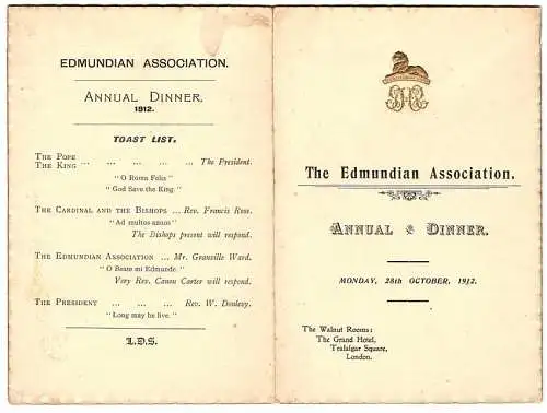 Menükarte 1912, Annual Dinner The Edmundian Association, The Walnut Room Grand Hotel Trafalgar Square London