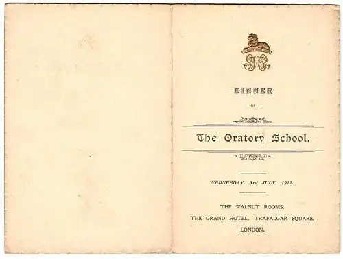 Menükarte 1912, Dinner The Oratory School, The Walnut Room Grand Hotel Trafalgar Square London, Wappen