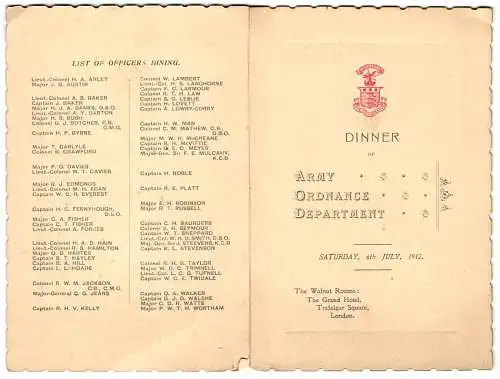 Menükarte 1912, Dinner Army Ordonance Department at Walnut Room Grand Hotel Trafalgar Square London