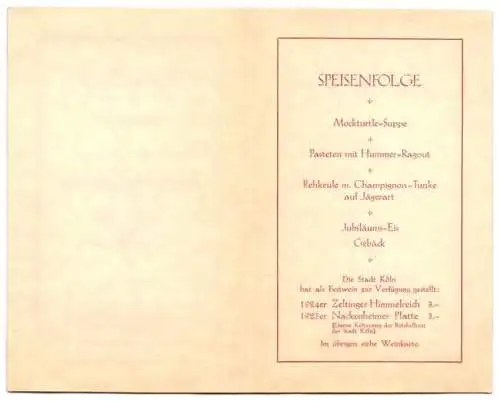 Menükarte 1928, Jahrhundertfeier Stadt. Gymnasium Köln, Festessen im grossen Saal des Gürzenichs