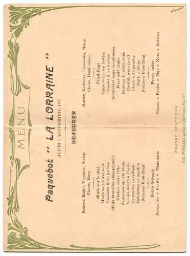 Menükarte 1907, Paquebot La Lorraine, Dejeuner, Front mit Ansicht des Schiffes