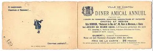 Menükarte 1922, Ville de Chatou, Diner Amical Annuel, Innenseite mit Menüfolge