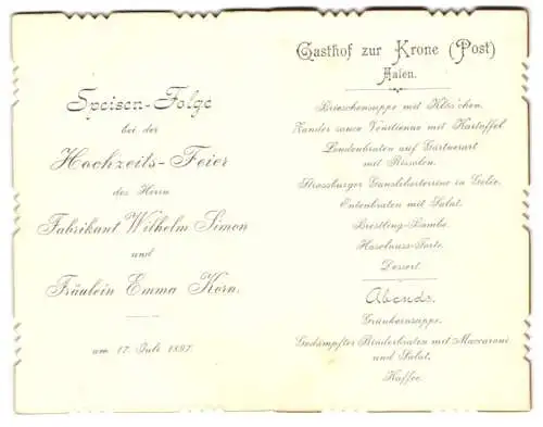 Menükarte Aale 1897, Gasthof zur Krone (Post), Hochzeit Fabrikant Wilhelm Simon & Emma Korn