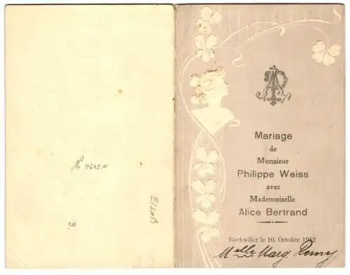 Menükarte Bischwiller 1912, Mariage de Monsieur Philippe Weiss avec Mademoiselle Alice Bertrand, Monogramm