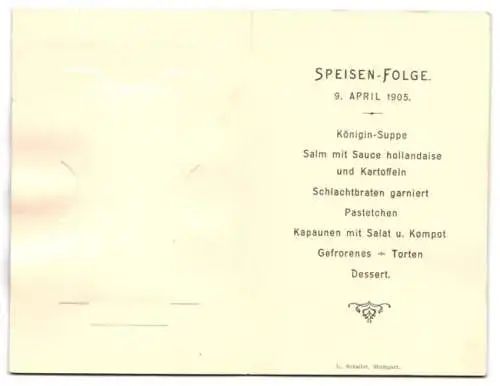 Menükarte 1905, Eberhard Schuz, Innenseite mit Speisefolge, Deckblatt mit Foto des Jungen