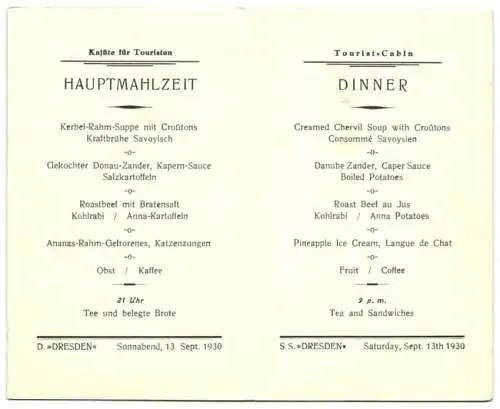 Menükarte 1930 Dampfer Dresden, Hauptmahlzeit Kajüte für Touristen, Deckblatt Grafik von Wilh. Jöntzen