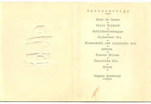 Menükarte Kiel 1952, Dampfer Vossbrook, Dinner, Innenseite mit Speisefolge