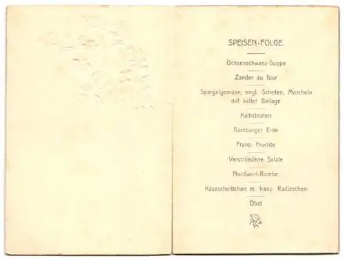 Menükarte Berlin 1908, Nordwest-Hotel, Vermählung Frl. Helene Schwenk mit Willi Neumann, Menüfolge